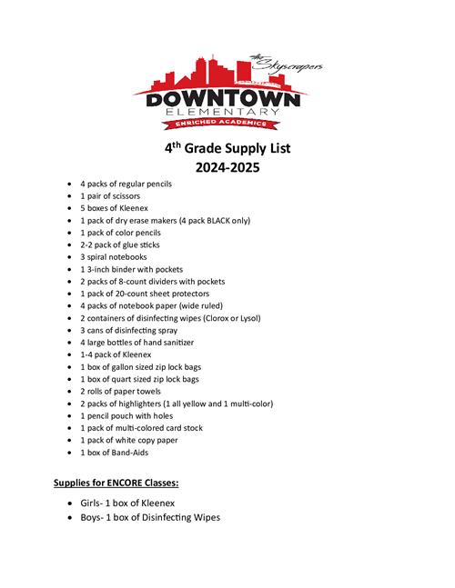 4th Grade Supply List